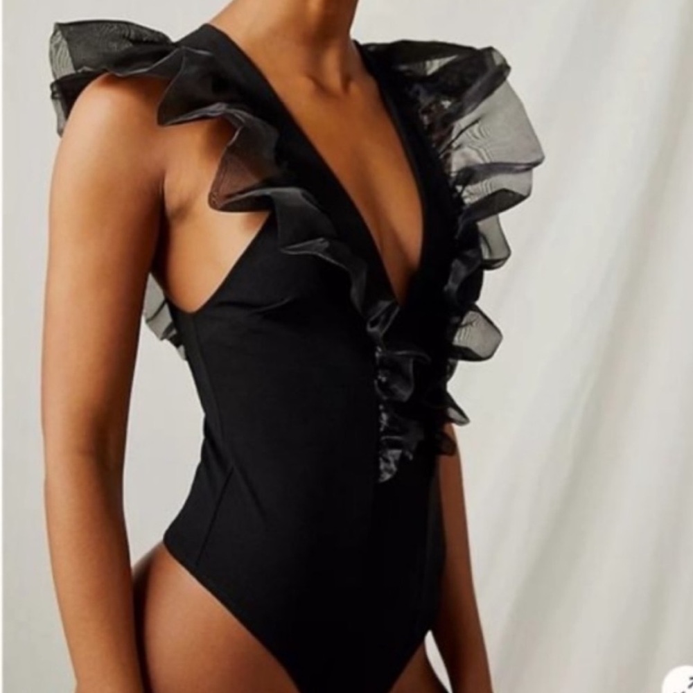 Intimately Free People Black Paper Airplanes Ruffles Plunging V Bodysuit NWT M